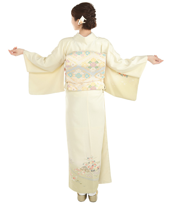 訪問着レンタル｜薄黄色に扇子七宝 四季草花｜H5048｜M｜宅配着物