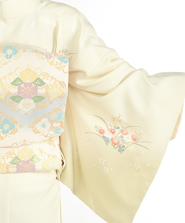 扇　扇子　七宝　芝草　麻の葉　菊花　訪問着　着物　081t 訪問着レンタル｜薄黄色に扇子七宝 四季草花｜H5048｜M｜宅配着物