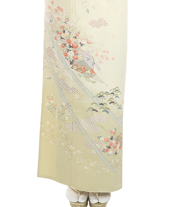 訪問着レンタル｜薄黄色に扇子七宝 四季草花｜H5048｜M｜宅配着物
