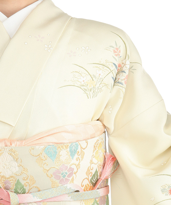 訪問着レンタル｜薄黄色に扇子七宝 四季草花｜H5048｜M｜宅配着物