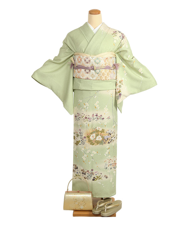 訪問着レンタル｜薄緑に四季草花