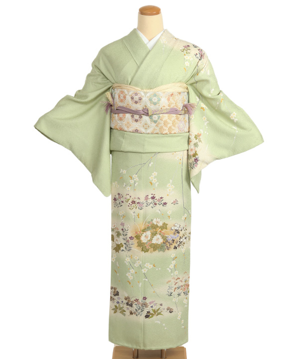訪問着レンタル｜薄緑に四季草花