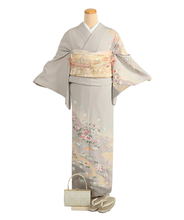 訪問着レンタル｜グレーに四季草花