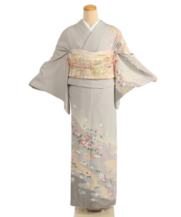 訪問着レンタル｜グレーに四季草花