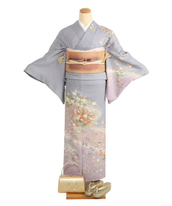 訪問着レンタル｜薄青に四季草花