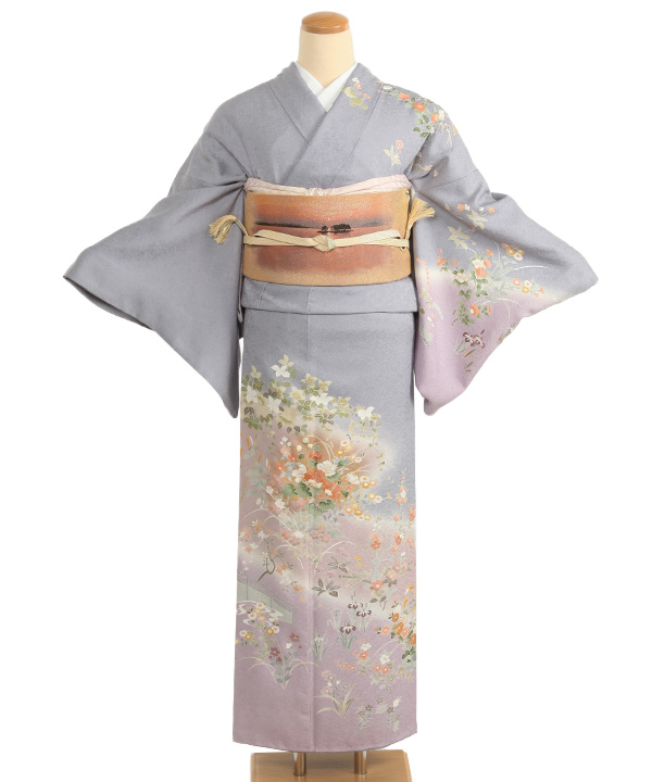 訪問着レンタル｜薄青に四季草花