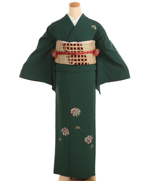 付下レンタル｜緑に花丸文
