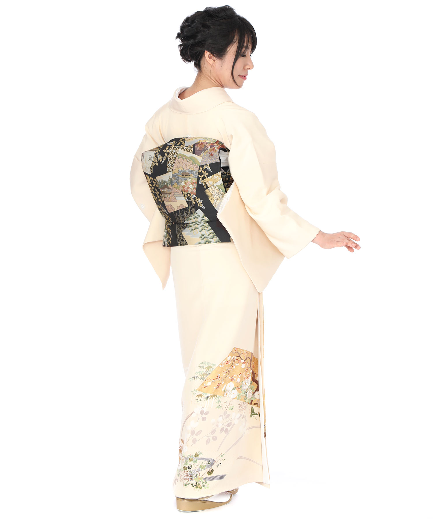 色留袖レンタル｜クリーム色に牡丹や菊｜I0018｜L｜宅配着物