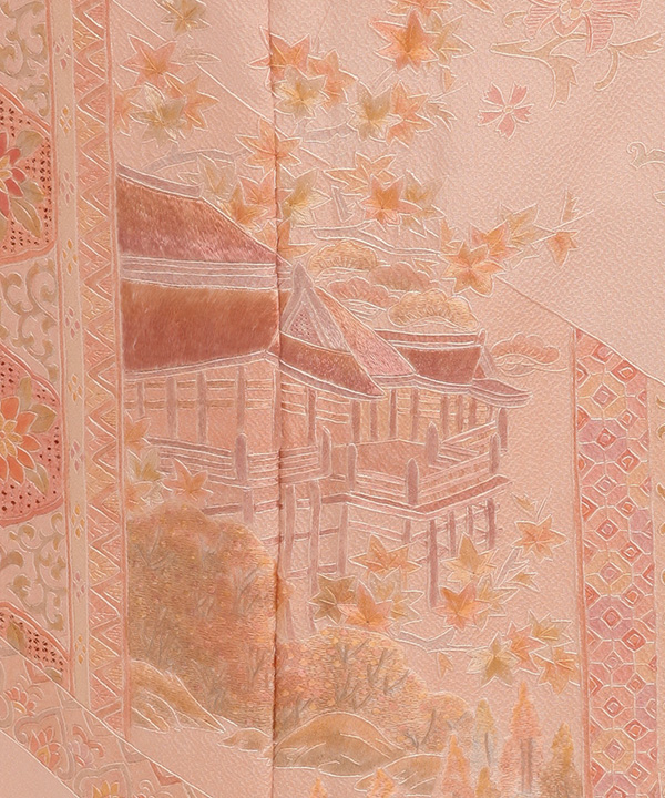 【蘇州刺繍】正絹　色留袖　一つ紋　花車　袷　為書きあり 豪華総刺繍 蘇州刺繍 訪問着 一つ紋 四季の花々 花柄 正絹 黄緑