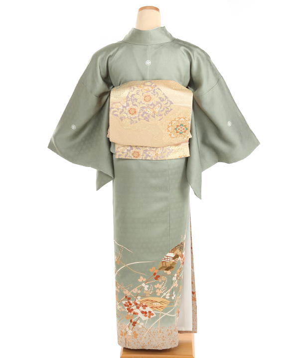 単衣 訪問着フルセット 菊 萩 菊の枝 バチ襟 大人しい雰囲気