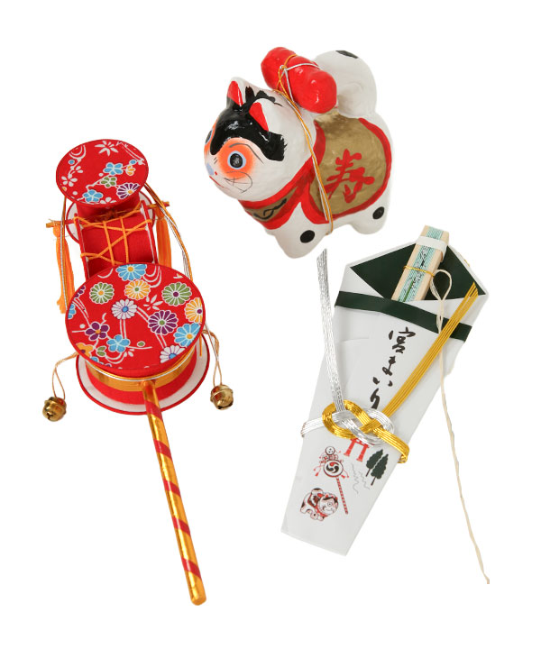 販売用｜お宮参り小物3点セット(でんでん大鼓 犬張子 熨斗扇子) 化粧箱入り