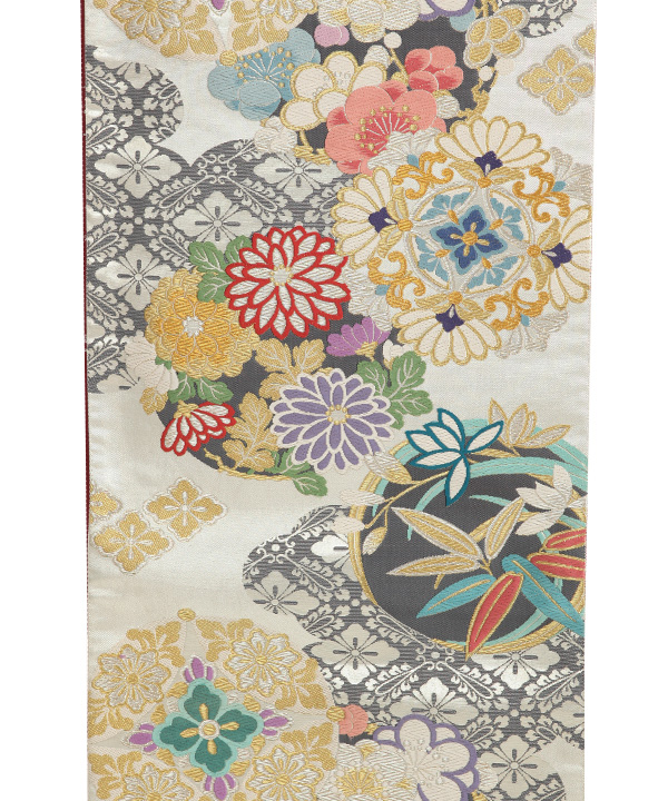 小物レンタル】袋帯 四季草花 銀 OO037 ※送料¥2,000※｜きものレンタリエ