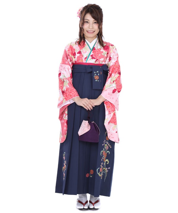 2尺袖 ポリエステル着物 牡丹 桜 袴用 楽天市場】二尺袖着物 単品「牡丹に桜 墨色×グレー」Fサイズ
