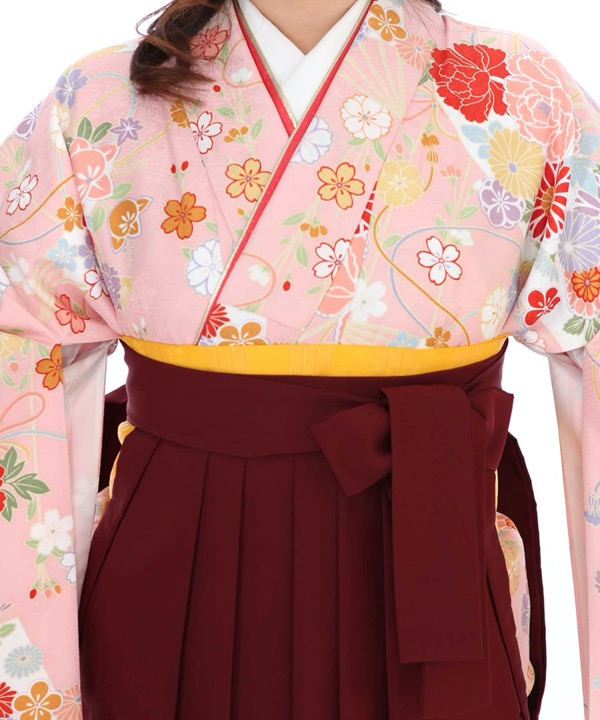 卒業式袴レンタル｜ピンク花扇二尺袖着物×エンジ刺繍袴｜S0038 F