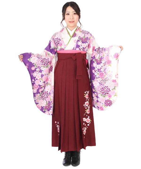着付け不要！110㎝　ハンドメイド　着物と袴風スカート　白薔薇×エンジ　卒園式 着付け不要！110㎝ハンドメイド着物と袴風スカート 白+エンジ 卒