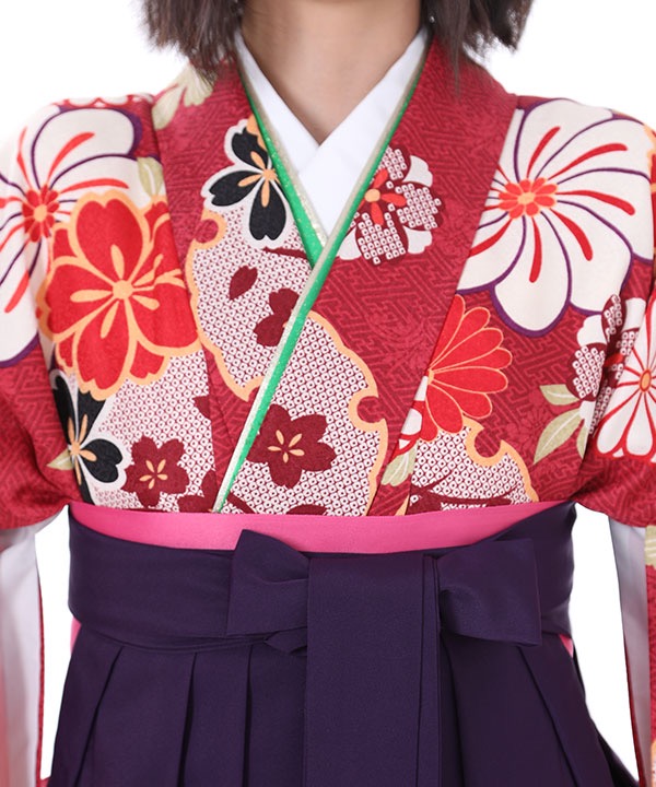 卒業式袴レンタル｜赤に雪輪桜丸菊二尺袖着物×紫刺繍袴｜S0048 F｜宅配