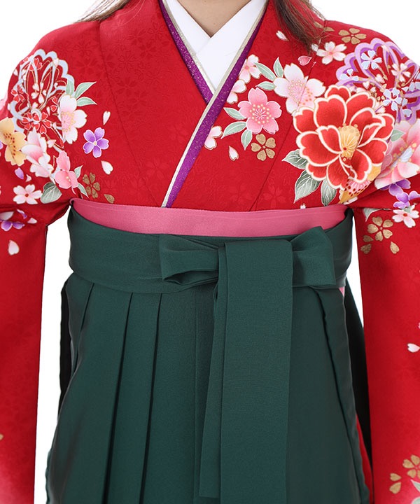 卒業式袴レンタル｜赤に白ぼかし牡丹二尺袖着物×緑刺繍袴｜S0055
