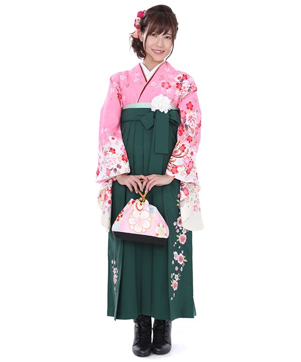 卒業式袴レンタル｜ピンクに白ぼかし花二尺袖着物×緑刺繍袴