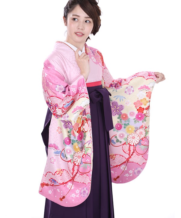 卒業式袴レンタル｜薄ピンクに松竹梅二尺袖着物×紫刺繍袴｜S0065 F