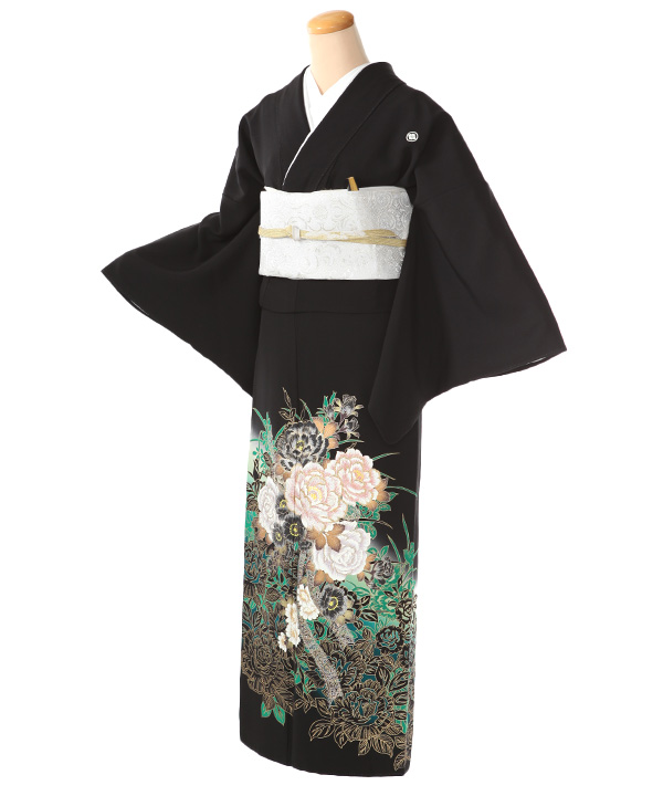 黒留袖｜花浪漫 牡丹 緑｜T0096｜L｜宅配着物レンタル・一式フル