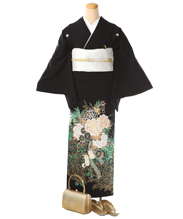 【千寿】アンティーク 【商品番❦0059❦】黒留め袖と緑の花柄帯フルセット 千寿】アンティーク 【商品番❦0059❦】黒留め袖と緑の花柄帯