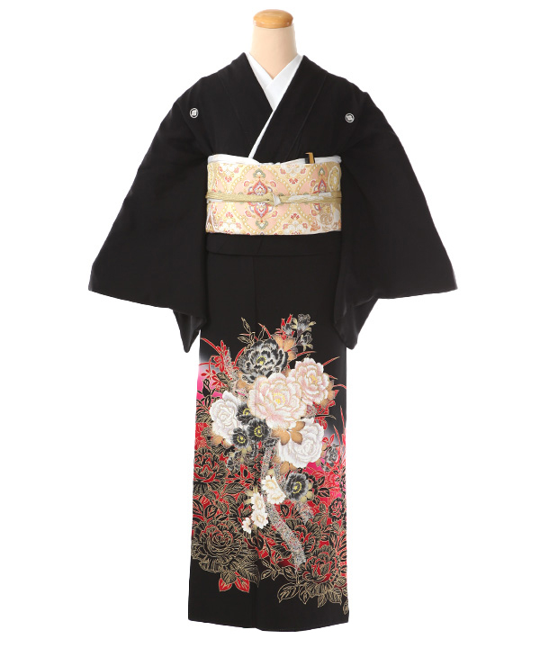 黒留袖レンタル｜花浪漫 牡丹 赤｜T0100｜L｜宅配着物レンタル