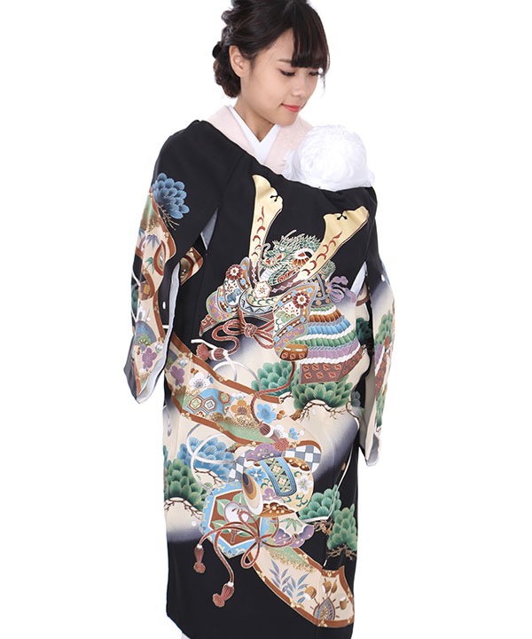 お宮参り産着レンタル 男の子｜黒地に兜と巻物に松｜U0055｜宅配