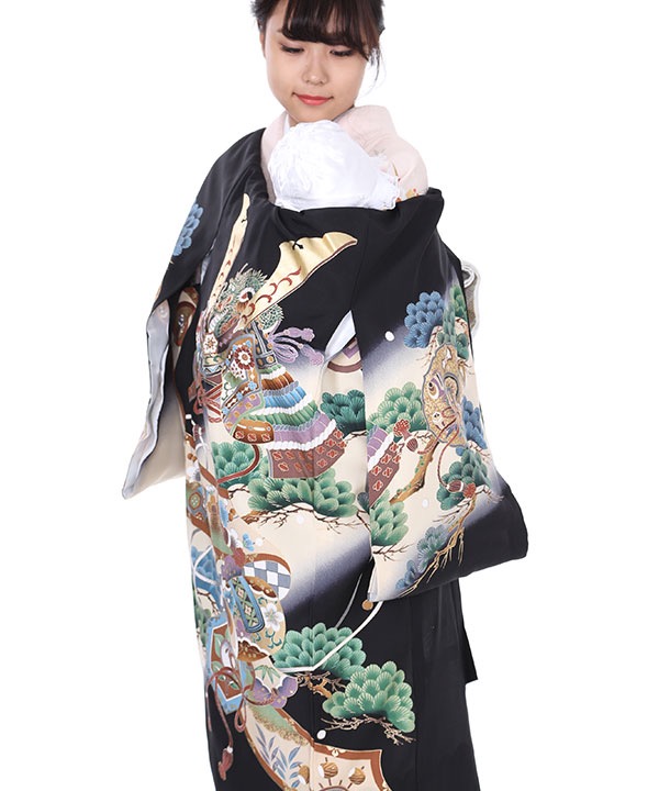 お宮参り 着物 男の子 産着 黒 兜 巻物 松 鶴 正絹 羽織 お宮参り 着物