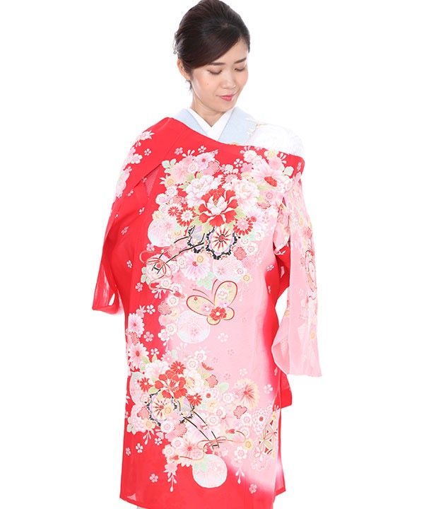 着物 お宮参り 産着 祝着 花車 蝶 四季草花 女の子 襦袢付き