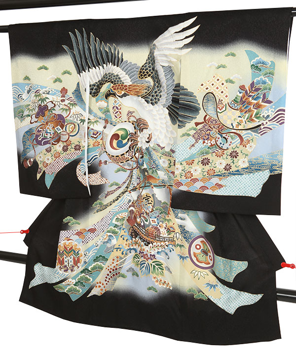 お宮参り産着レンタル 男の子｜黒に鷹に巴太鼓 熨斗目｜U0286 ｜宅配