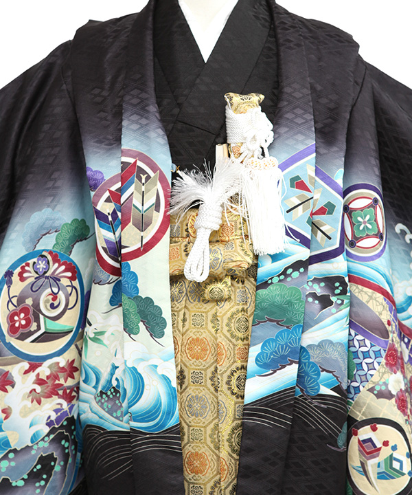 七五三(五歳男の子)着物レンタル｜鷹柄黒羽織 黒着物×金袴｜W-B-5-118