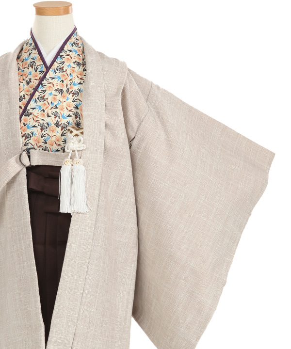 七五三(五歳男の子)着物レンタル｜ベージュ色羽織 わたげ柄着物×茶色袴