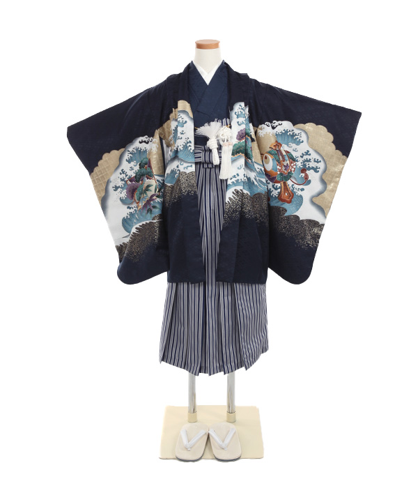 七五三(五歳男の子)着物レンタル｜鷹柄濃紺色羽織 紺着物×紺縞袴｜W-B