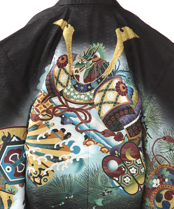 七五三(五歳男の子)着物レンタル｜兜に波頭柄羽織 黒着物×黒縞袴