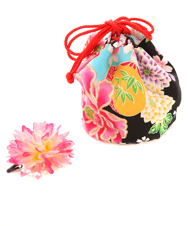 七五三(三歳女の子)着物レンタル｜牡丹に貝合わせ柄黒着物