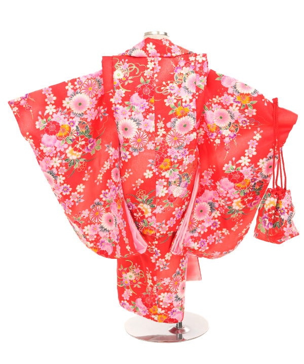 七五三(三歳女の子)着物レンタル｜菊牡丹柄赤色着物×赤色被布｜W-G-3