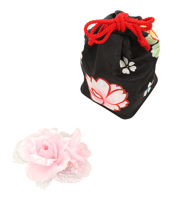 七五三(三歳女の子)着物レンタル｜菊桜柄黒色着物×黒色被布｜W-G-3-160