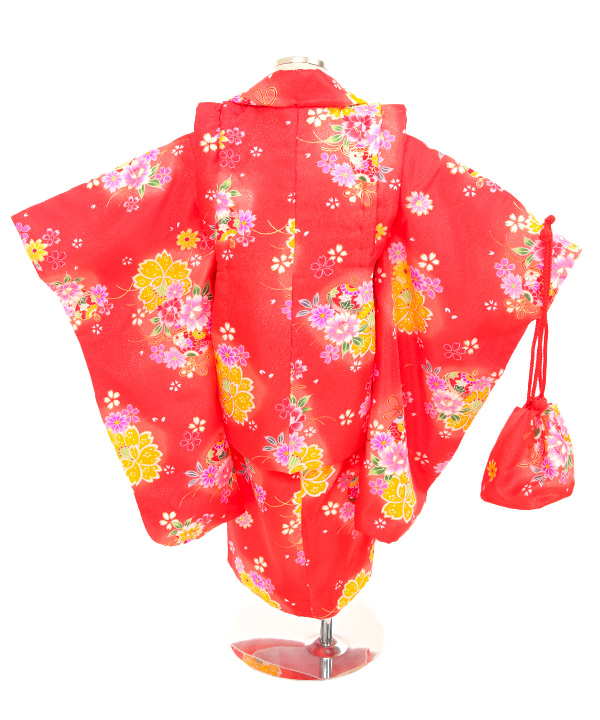 七五三　比喩　3歳　かわいい　赤お花柄 レンタル品】女児（3歳）七五三 着物 被布セット 古典柄 レトロ