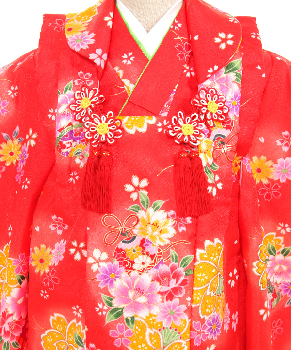 七五三(三歳女の子)着物レンタル｜桜柄赤色着物×赤色被布｜W-G-3-161
