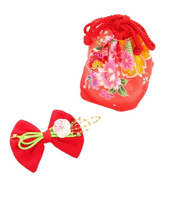 七五三(三歳女の子)着物レンタル｜桜柄赤色着物×赤色被布｜W-G-3