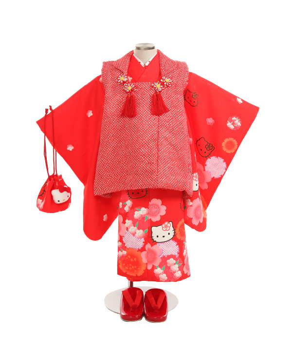 七五三(三歳女の子)着物レンタル｜キティちゃん柄黄色着物×白