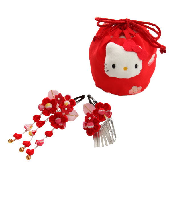 七五三(三歳女の子)着物レンタル｜キティちゃん柄赤色着物×疋田赤被布