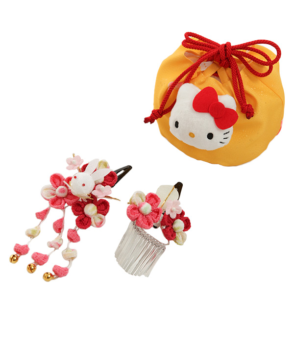 七五三(三歳女の子)着物レンタル｜キティちゃん柄黄色着物×白被布｜W-G