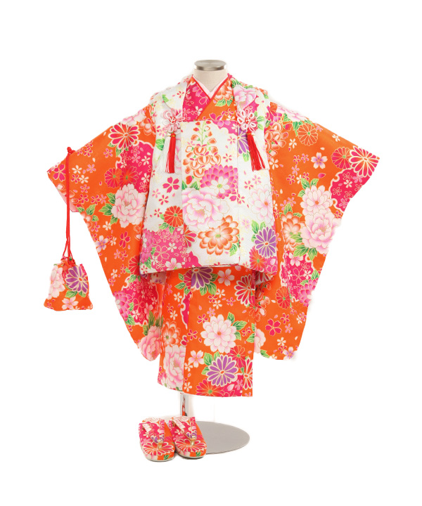七五三(三歳女の子)着物レンタル｜牡丹に雪輪オレンジ着物×白被布｜W-G