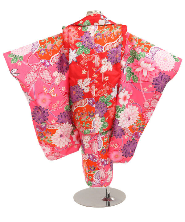 七五三(三歳女の子)着物レンタル｜菊柄ピンク着物×赤被布｜W-G-3-167