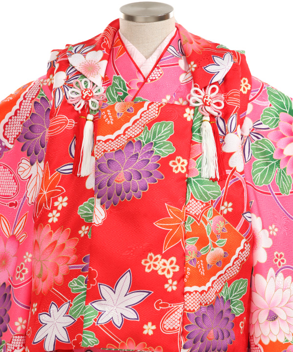 七五三(三歳女の子)着物レンタル｜菊柄ピンク着物×赤被布｜W-G-3