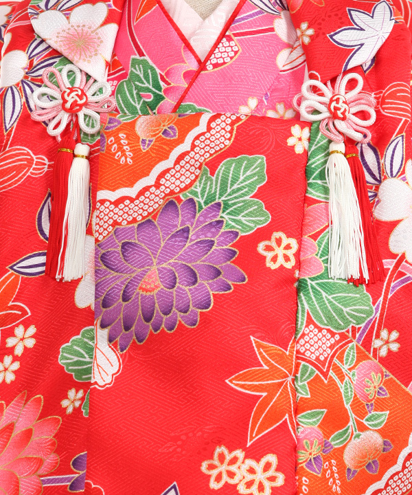 七五三(三歳女の子)着物レンタル｜菊柄ピンク着物×赤被布｜W-G-3-167