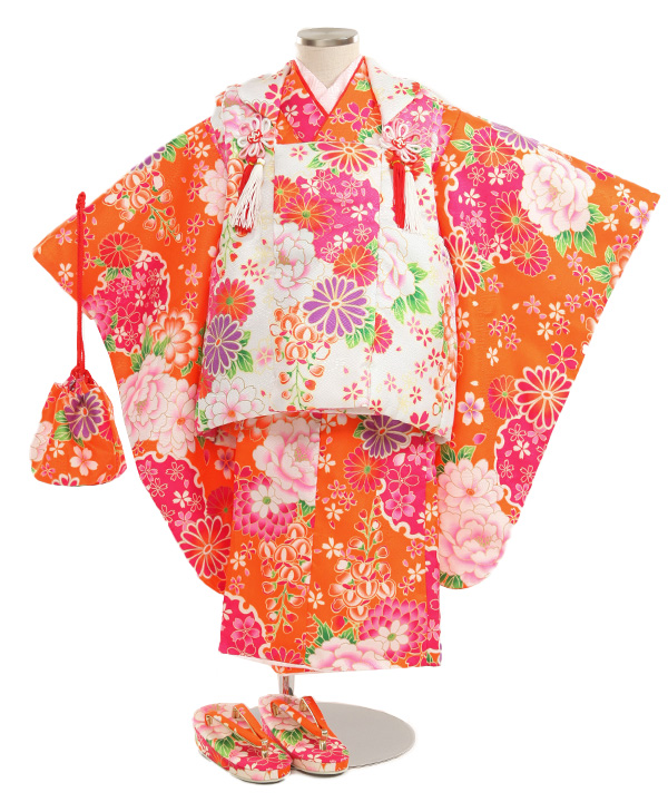 七五三(三歳女の子)着物レンタル｜牡丹に雪輪オレンジ着物×白被布｜W-G