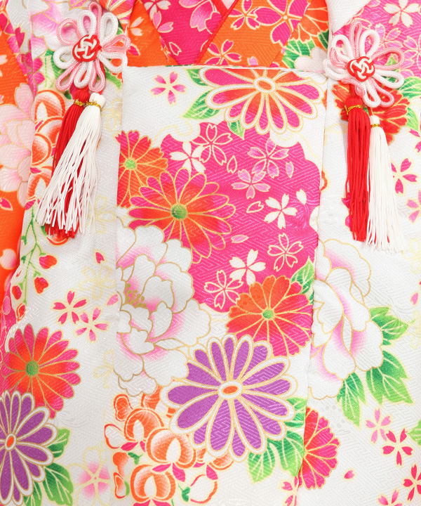 七五三(三歳女の子)着物レンタル｜牡丹に雪輪オレンジ着物×白被布｜W-G