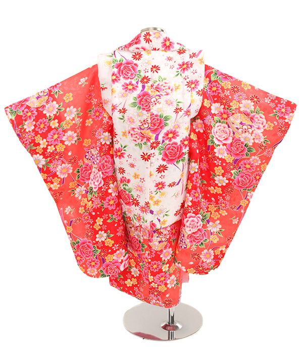 七五三(三歳女の子)着物レンタル｜鈴と花柄ピンク色着物×白被布